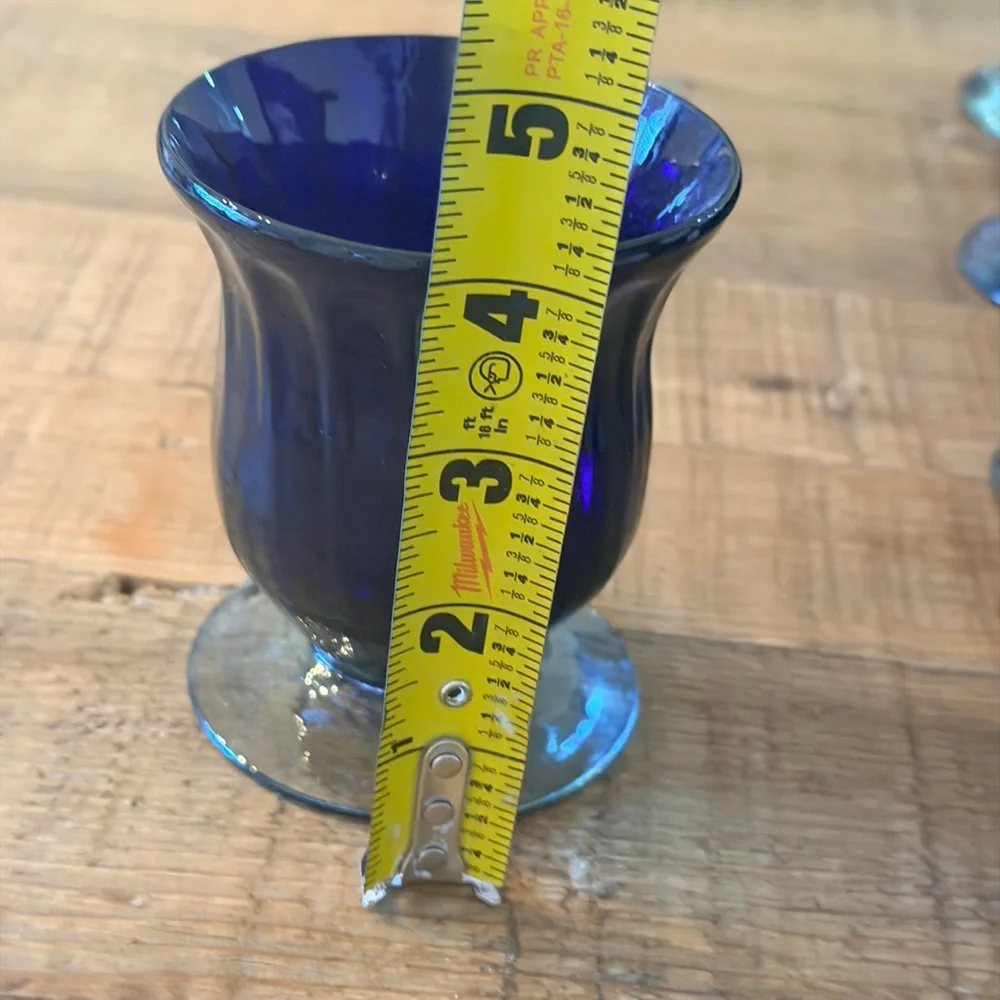 8 Handblown Cobalt Drinking Glasses. 4”T. Pedestal | Vintage | Vibrant | EUC